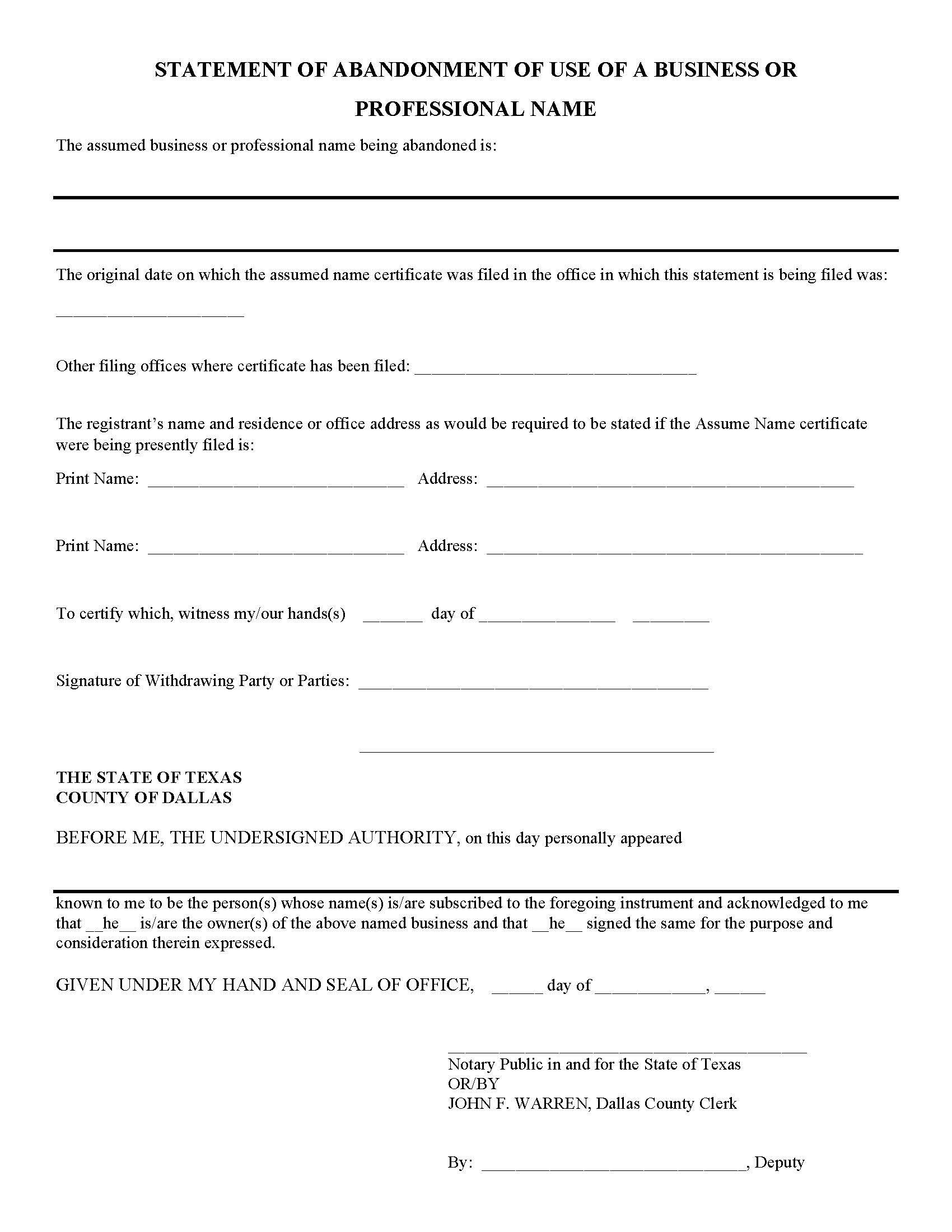 Statement Of Abandonment Of Use Of A Business Or Professional Name | Pdf Fpdf Docx | Texas