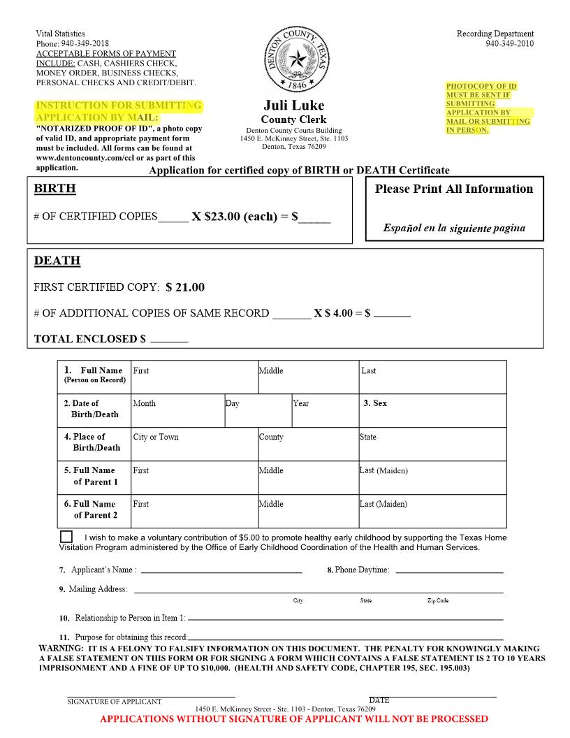 Application For Certified Copy Of Birth Or Death Certificate | Pdf Fpdf Doc Docx | Texas