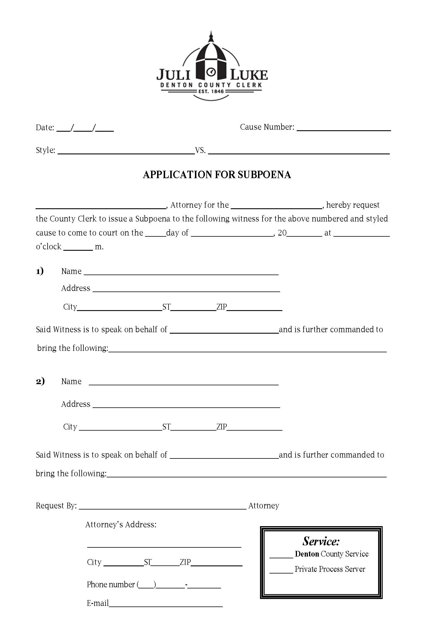 Application For Subpoena | Pdf Fpdf Docx | Texas