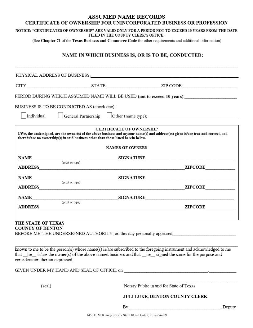 Assumed Name Records Certificate Of Ownership For Unincorporated Business Or Profession | Pdf Fpdf Doc Docx | Texas