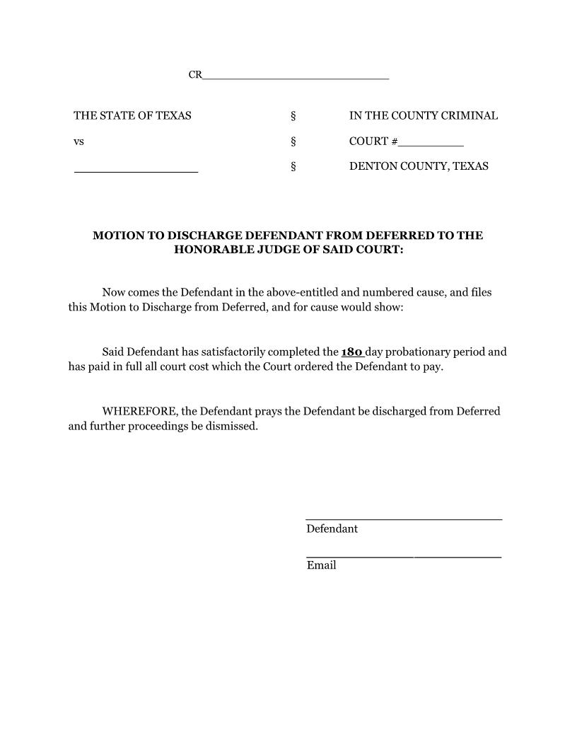 Motion To Discharge Defendant From Deferred | Pdf Fpdf Docx | Texas