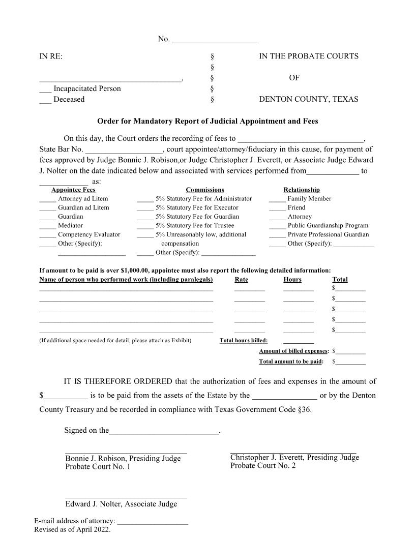 Order For Mandatory Report Of Judicial Appointment And Fees | Pdf Fpdf Docx | Texas