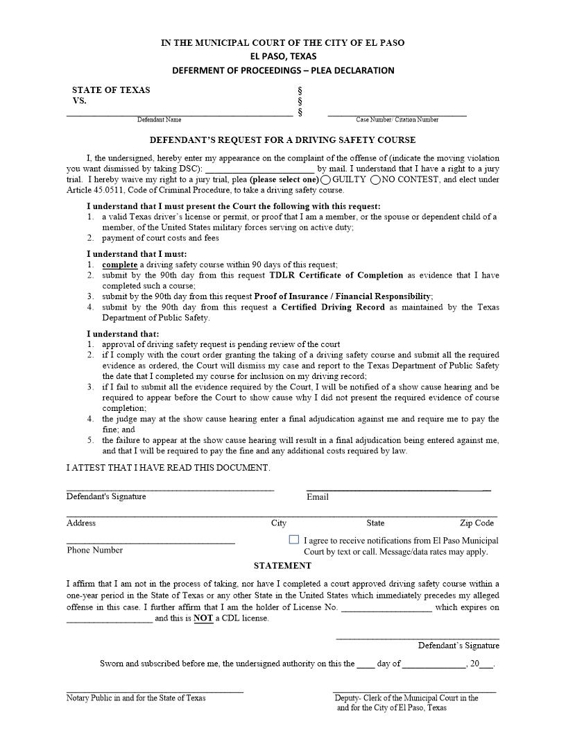 Deferment Of Proceedings Plea Declaration | Pdf Fpdf Docx | Texas