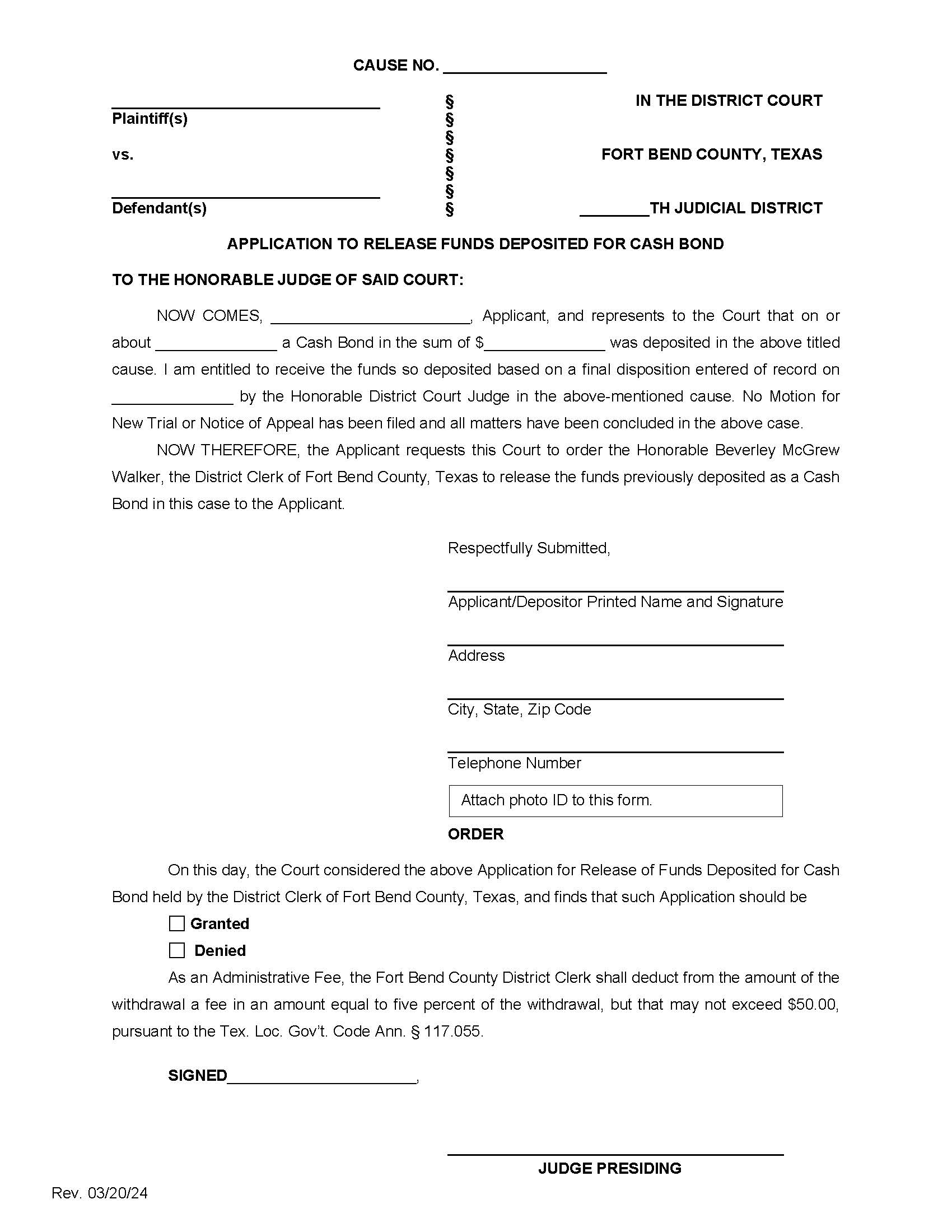 Application To Release Funds Deposited For Cash Bond (Civil) | Pdf Fpdf Docx | Texas