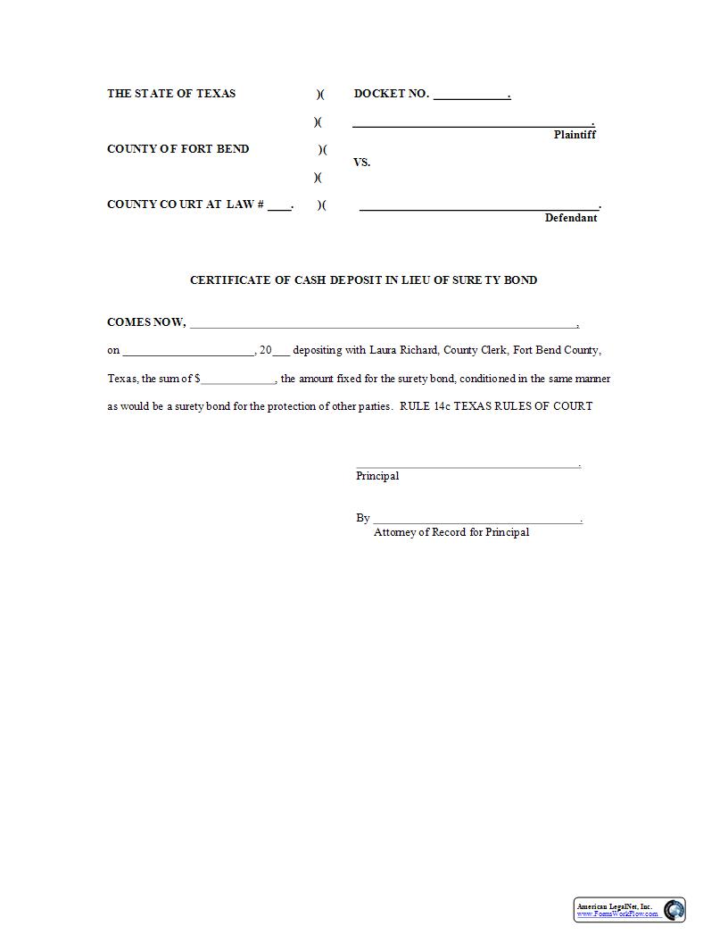 Certificate Of Cash Deposit In Lieu Of Surety Bond | Pdf Fpdf Docx | Texas