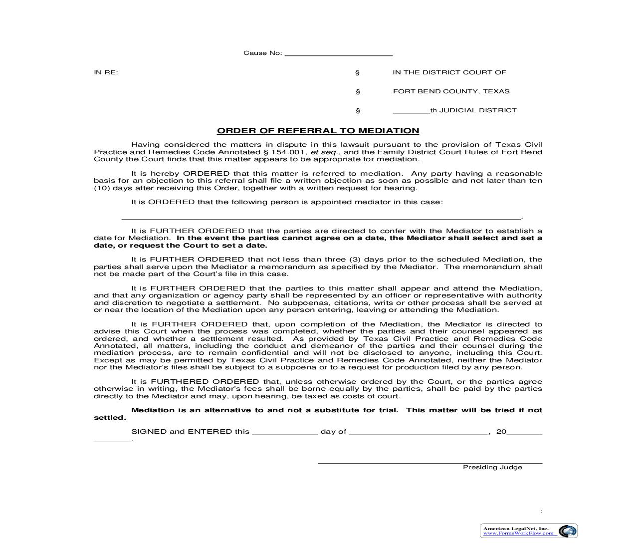 Order Of Referral To Mediation {150-387} | Pdf Fpdf Doc Docx | Texas