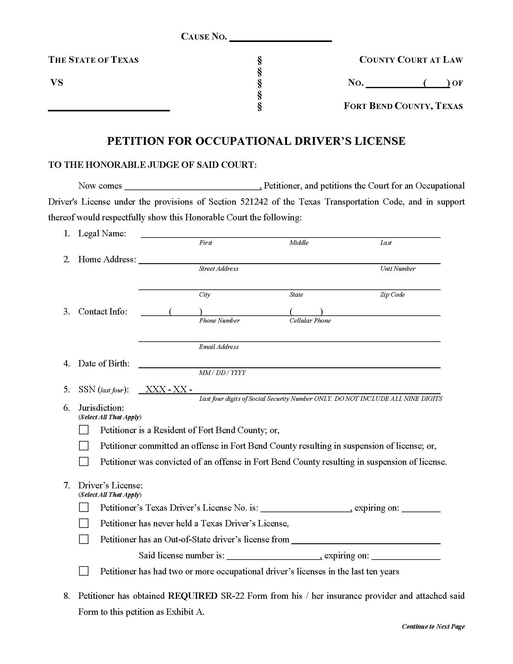 Petition For Occupational Drivers License | Pdf Fpdf Doc Docx | Texas