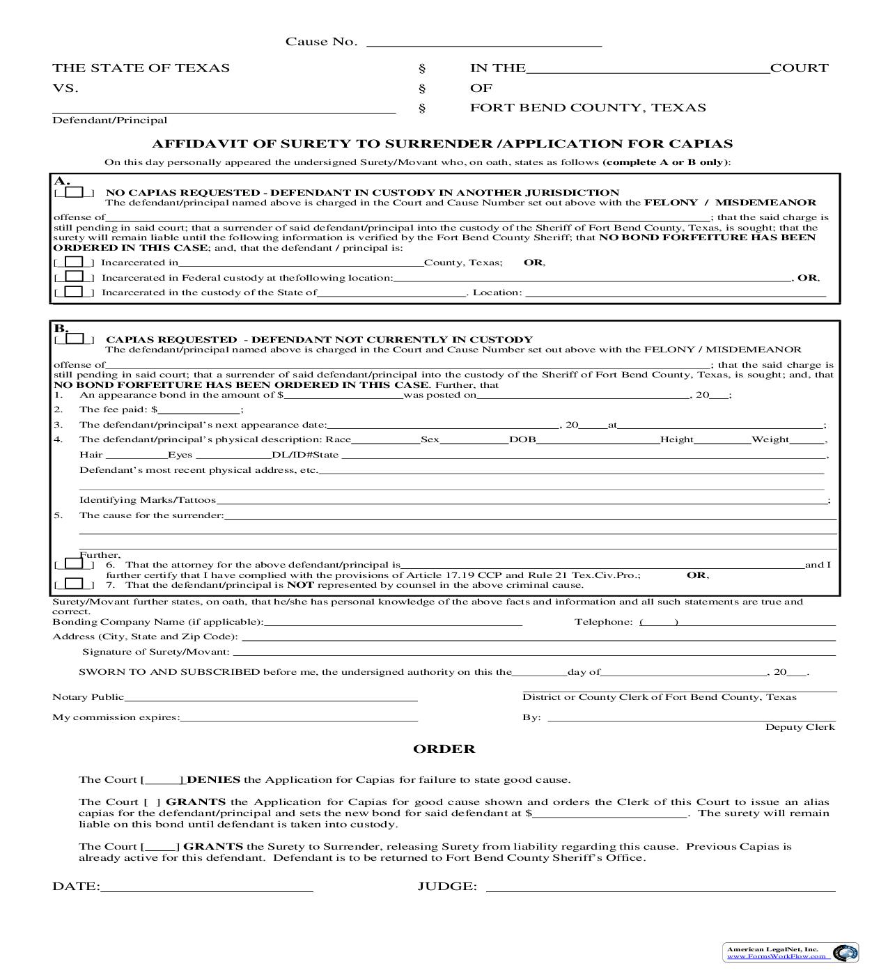 Affidavit Of Surety To Surrender | Pdf Fpdf Doc Docx | Texas