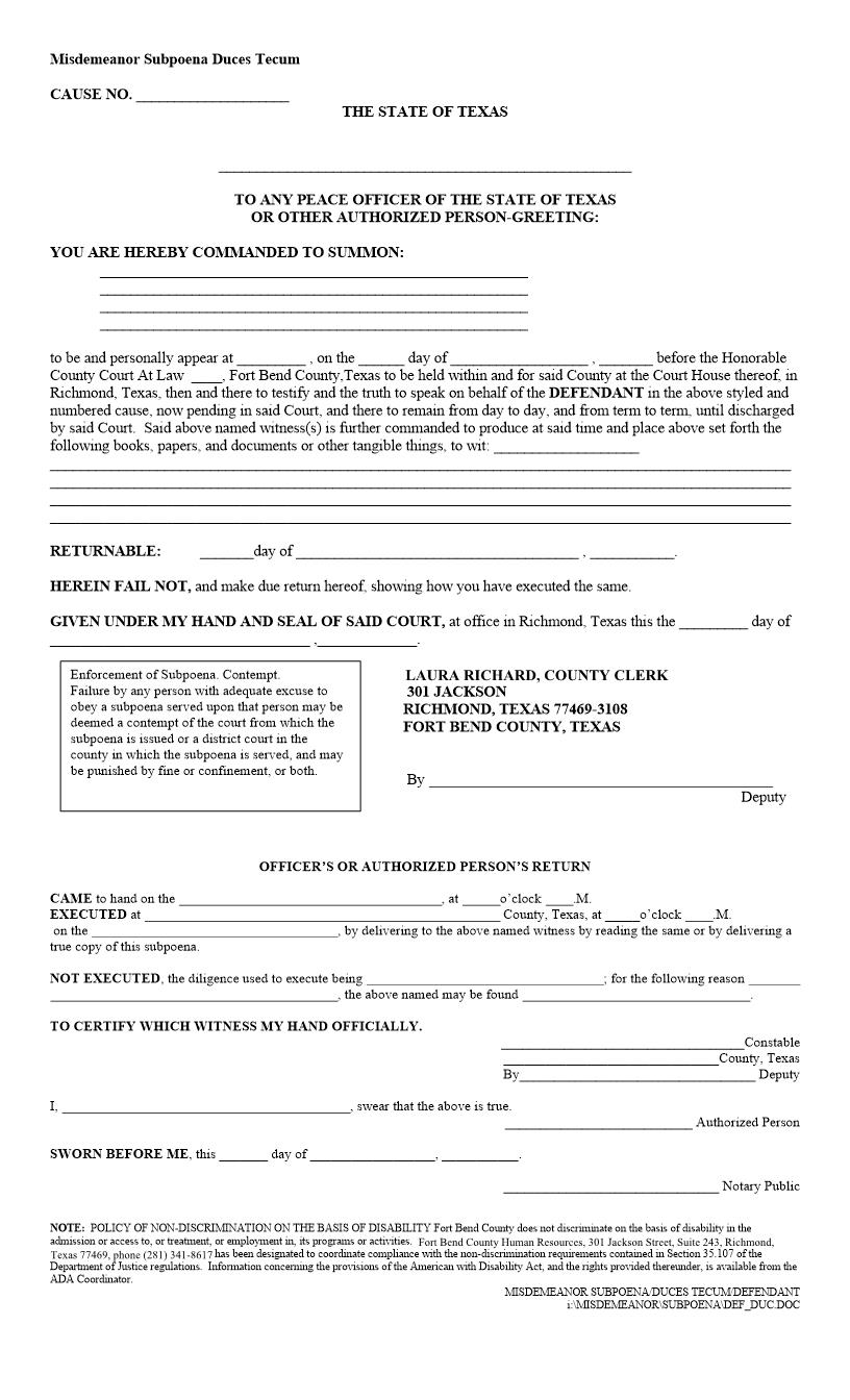 Misdemeanor Subpoena Duces Tecum | Pdf Fpdf Doc Docx | Texas