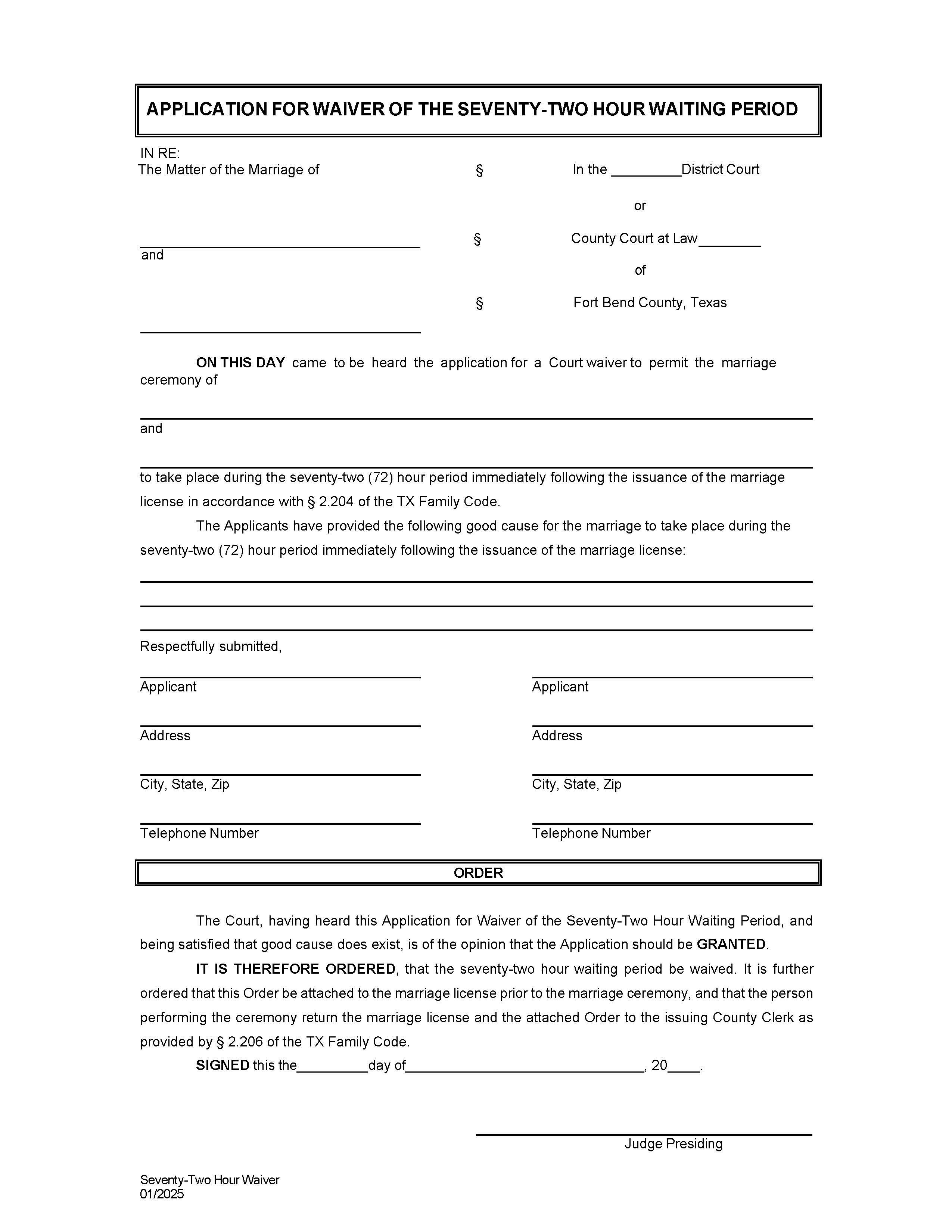 Application For Waiver Of The 72 Hour Waiting Period {140} | Pdf Fpdf Docx | Texas