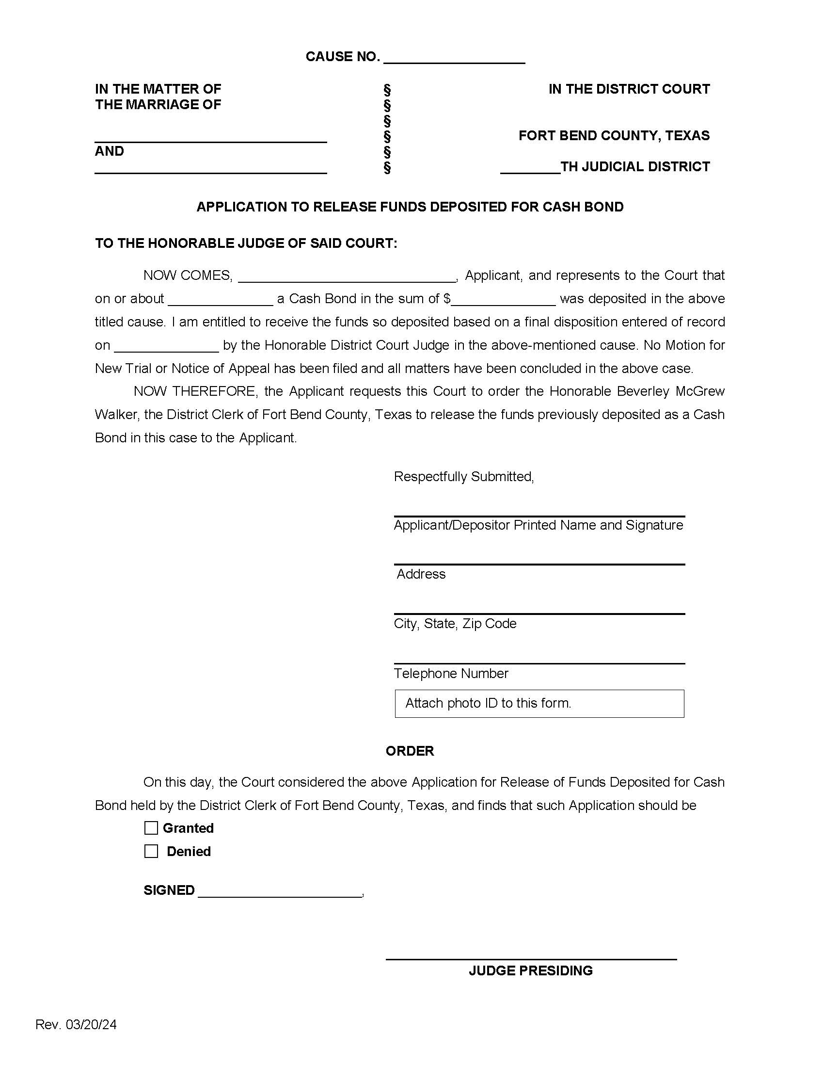 Application To Release Funds Deposited For Cash Bond (Family) | Pdf Fpdf Docx | Texas