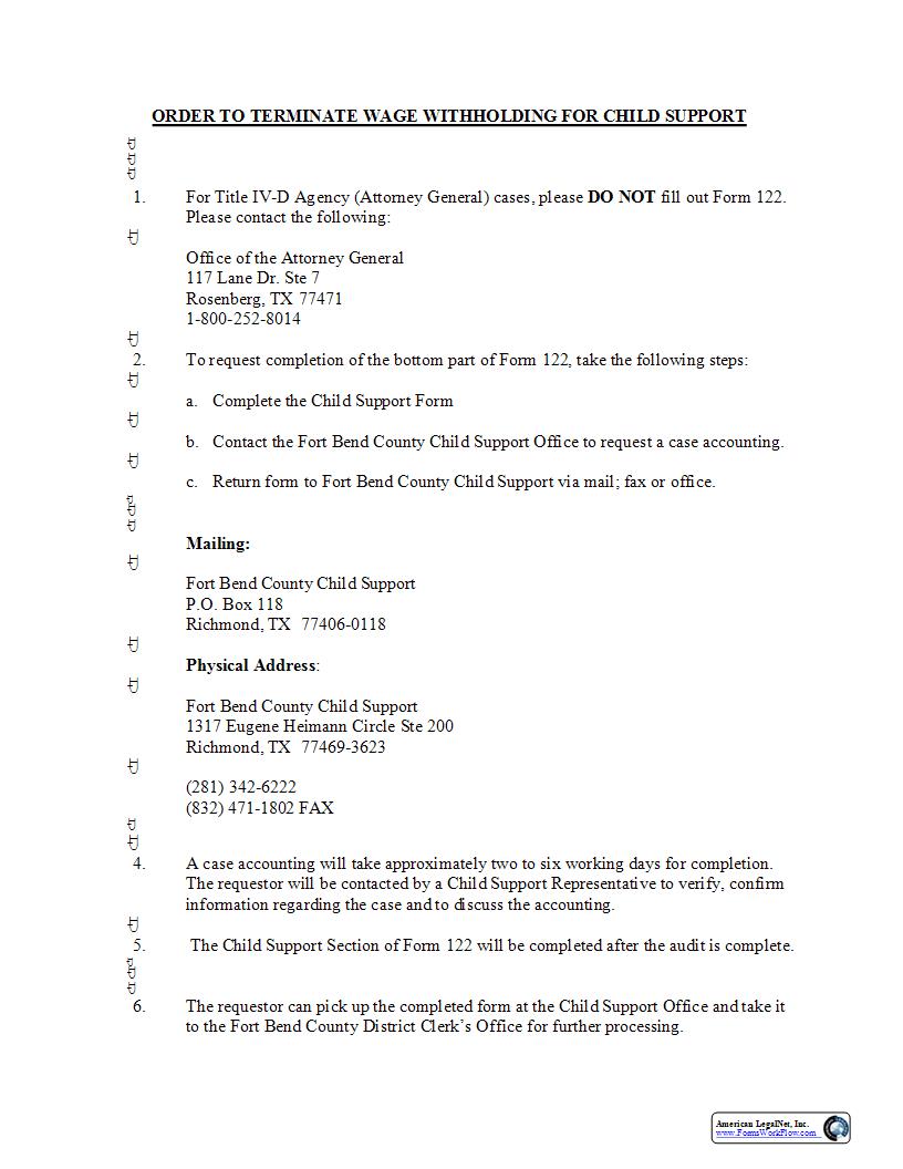 Order To Terminate Wage Withholding For Child Support {122} | Pdf Fpdf Docx | Texas