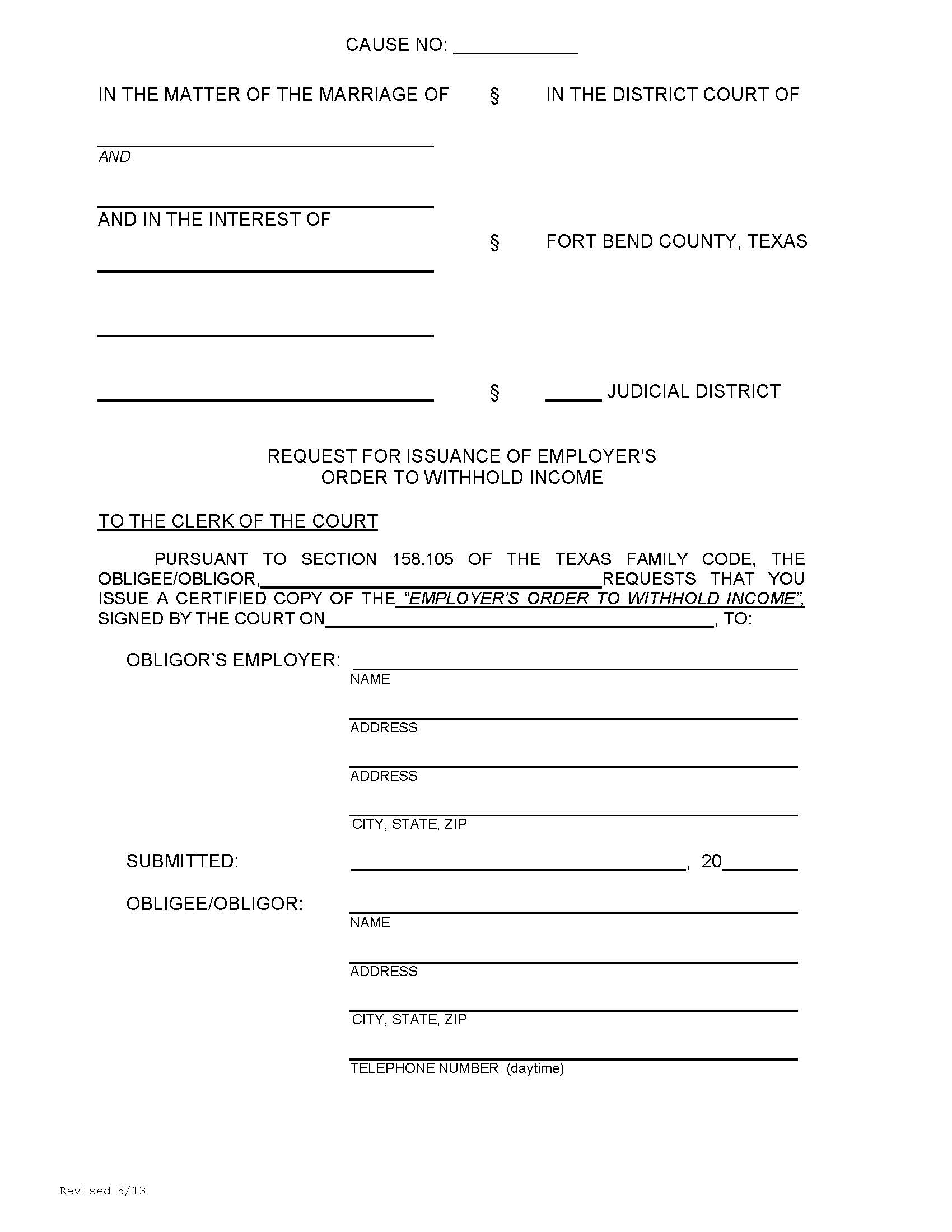 Request For Issuance Of Employers Order To Withhold Income {108} | Pdf Fpdf Doc Docx | Texas
