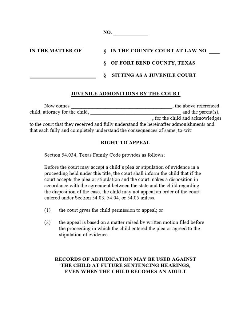 Juvenile Admonitions By The Court | Pdf Fpdf Doc Docx | Texas