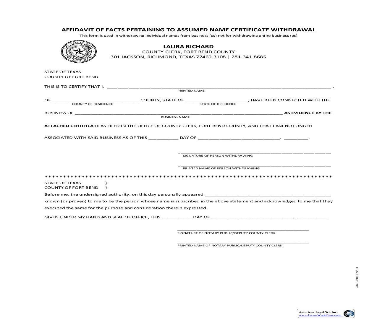Affidavit Of Facts Pertaining To Assumed Name Certificate Withdrawal | Pdf Fpdf Doc Docx | Texas