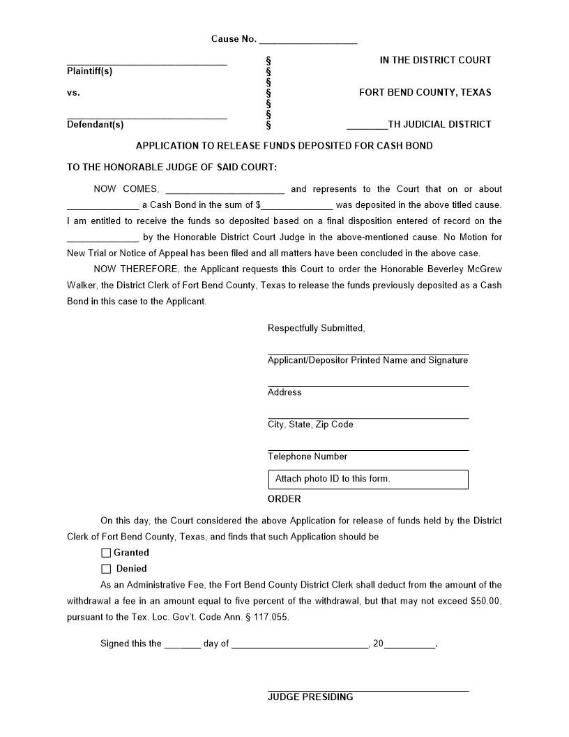 Aplication To Release Funds Deposited For Cash Bond | Pdf Fpdf Docx | Texas