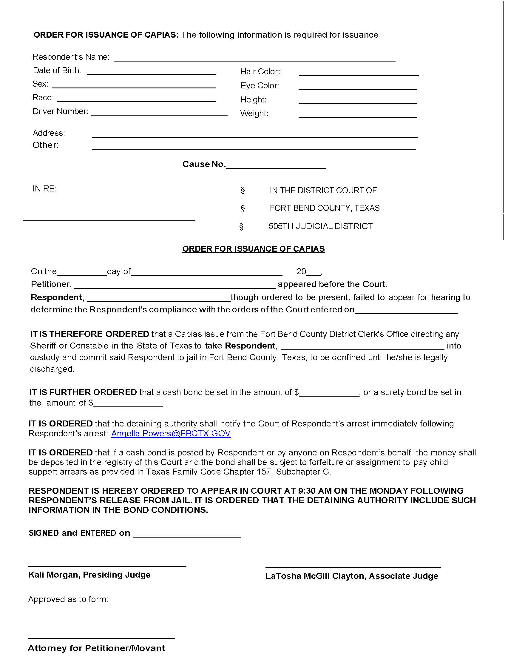 Order For Issuance Of Capias | Pdf Fpdf Docx | Texas