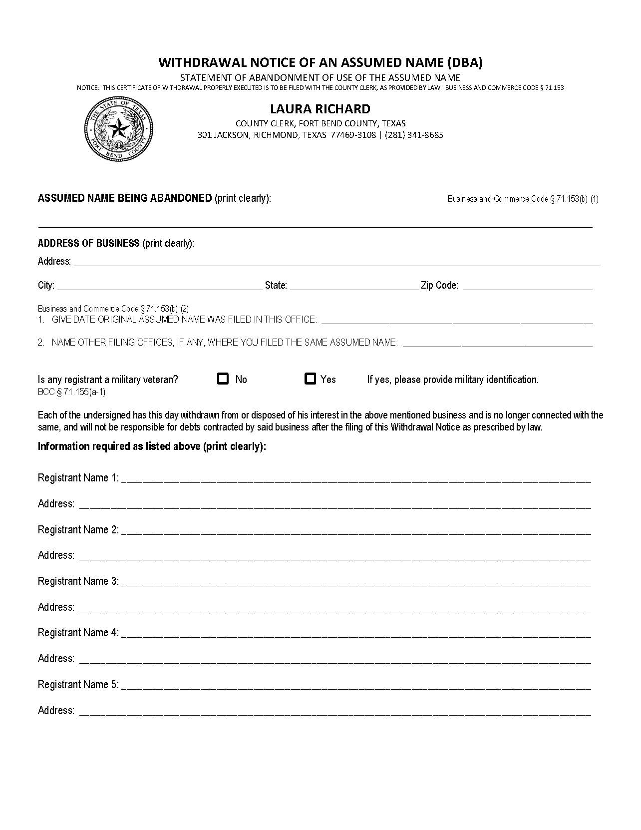 Withdrawal Notice Of An Assumed Name (DBA) | Pdf Fpdf Doc Docx | Texas
