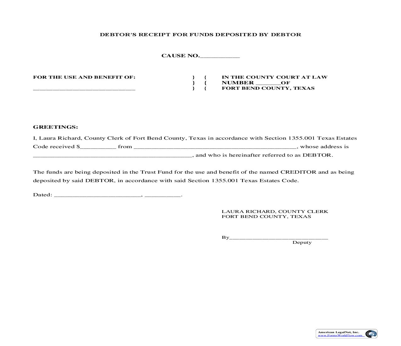 Debtors Receipt For Funds Deposited By Debtor | Pdf Fpdf Doc Docx | Texas