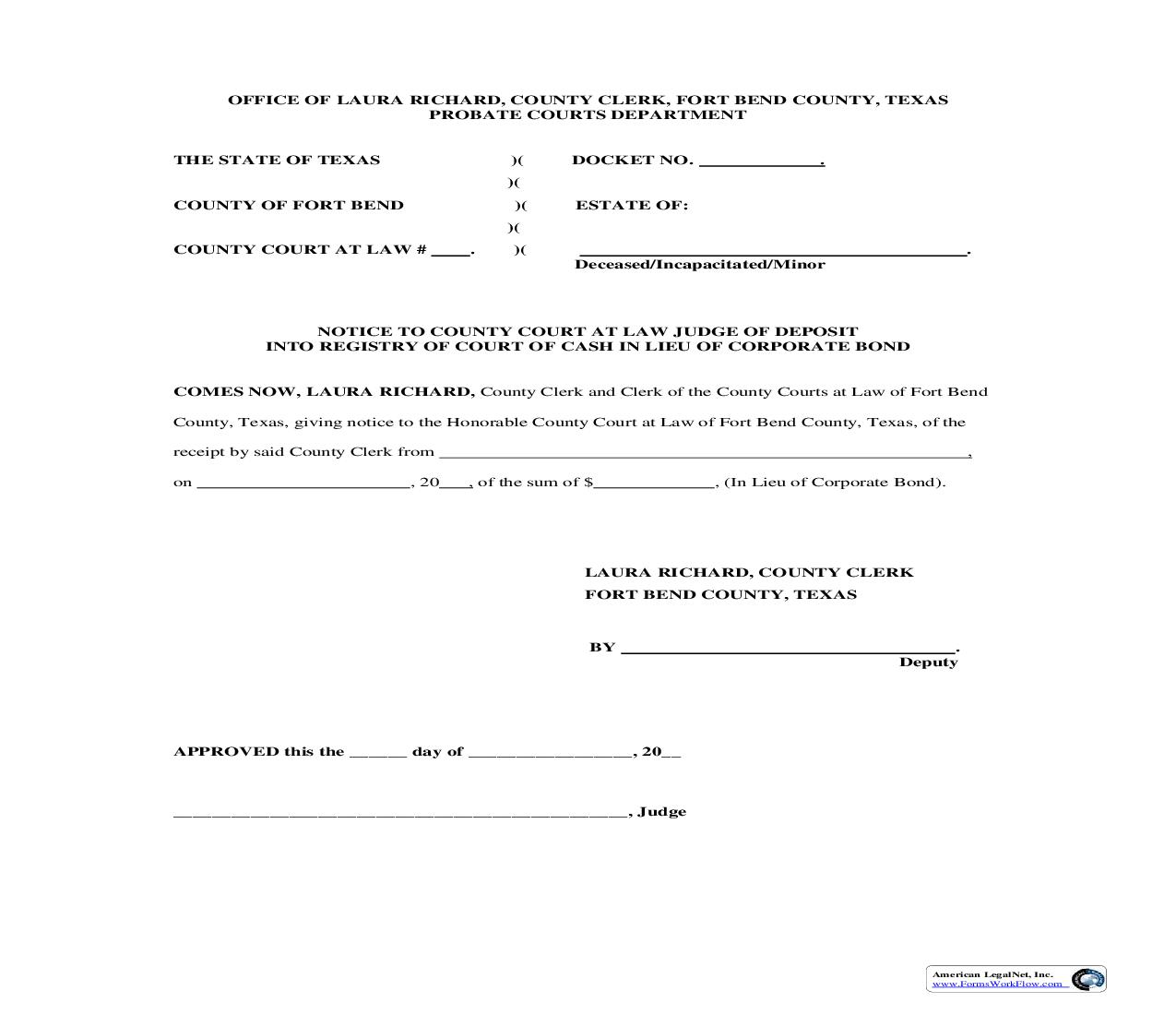 Notice Of Deposit Into Registry Of Court Of Cash In Lieu Of Corporate Bond | Pdf Fpdf Doc Docx | Texas