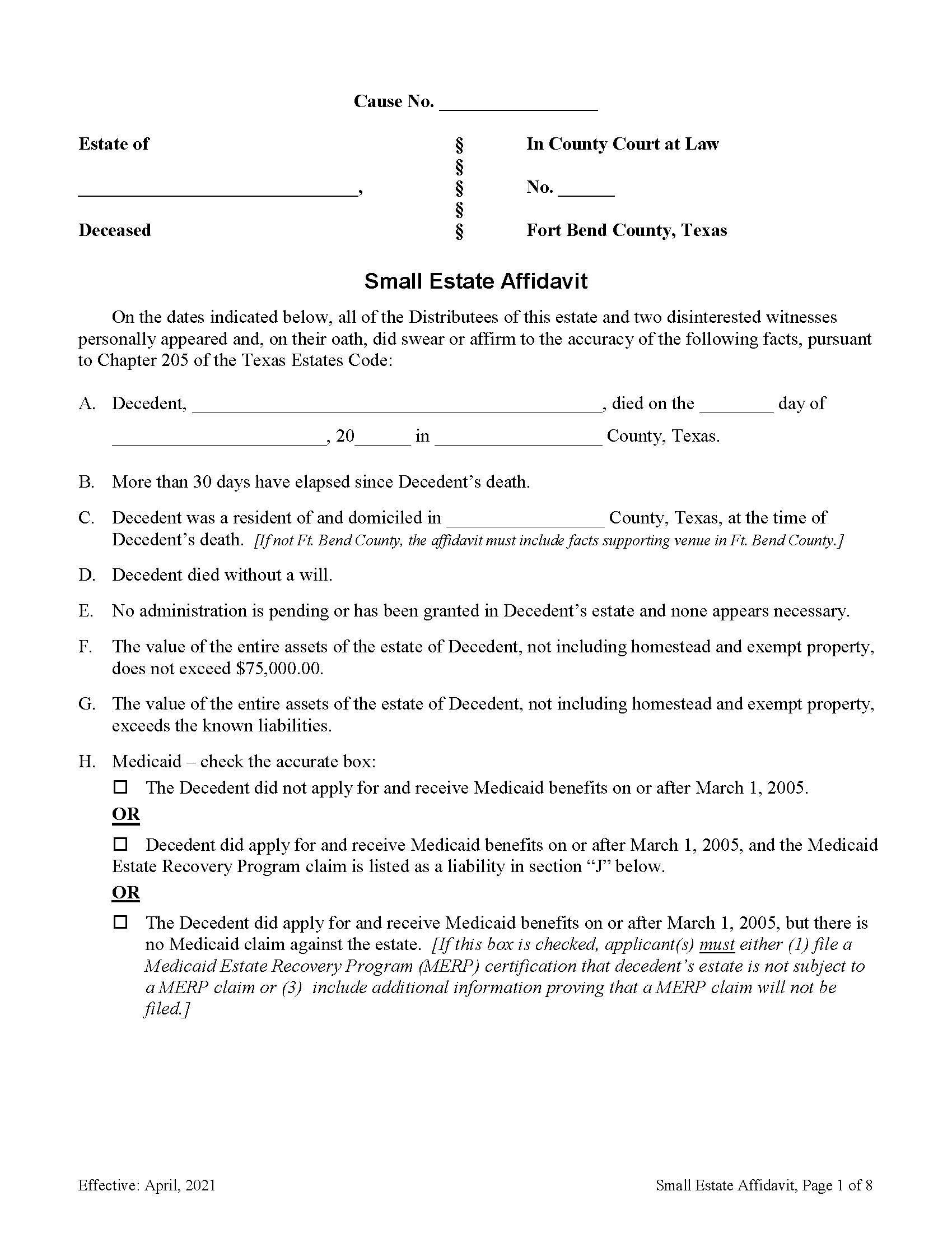 Small Estate Affidavit | Pdf Fpdf Doc Docx | Texas