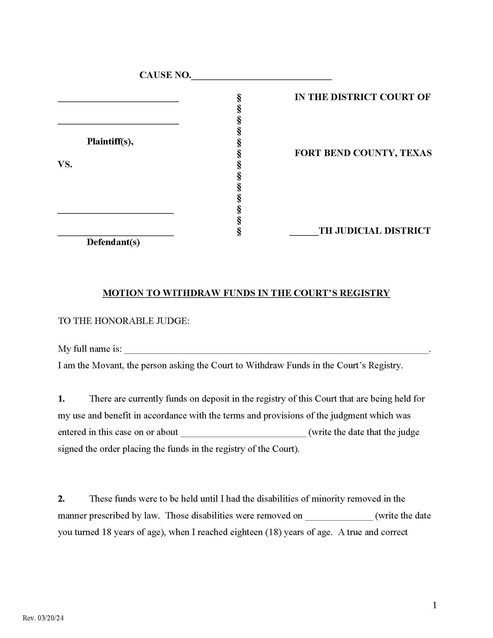 Motion To WIthdraw Funds In The Courts Registry | Pdf Fpdf Docx | Texas