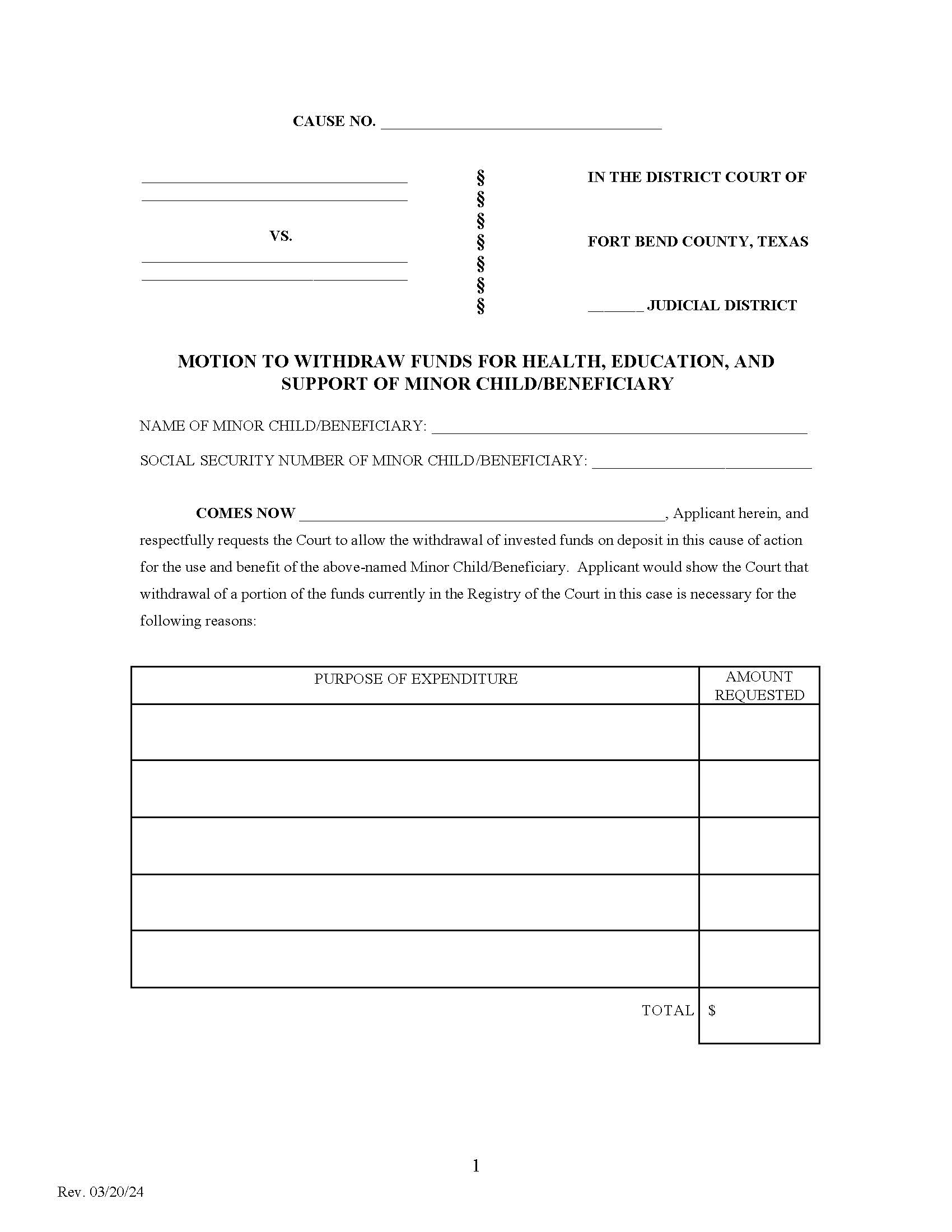 Motion To Withdraw Funds For Health, Education, And Support Of Minor Child-Beneficiary | Pdf Fpdf Docx | Texas