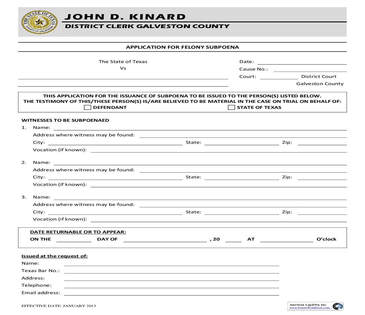 Application For Felony Subpoena | Pdf Fpdf Doc Docx | Texas