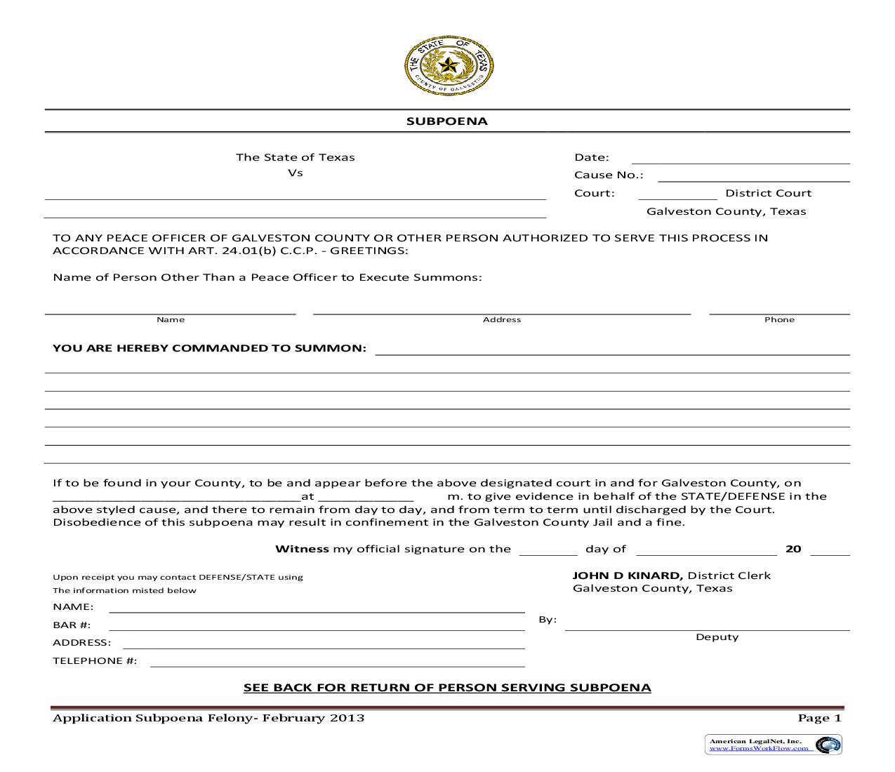 Felony Subpoena | Pdf Fpdf Doc Docx | Texas