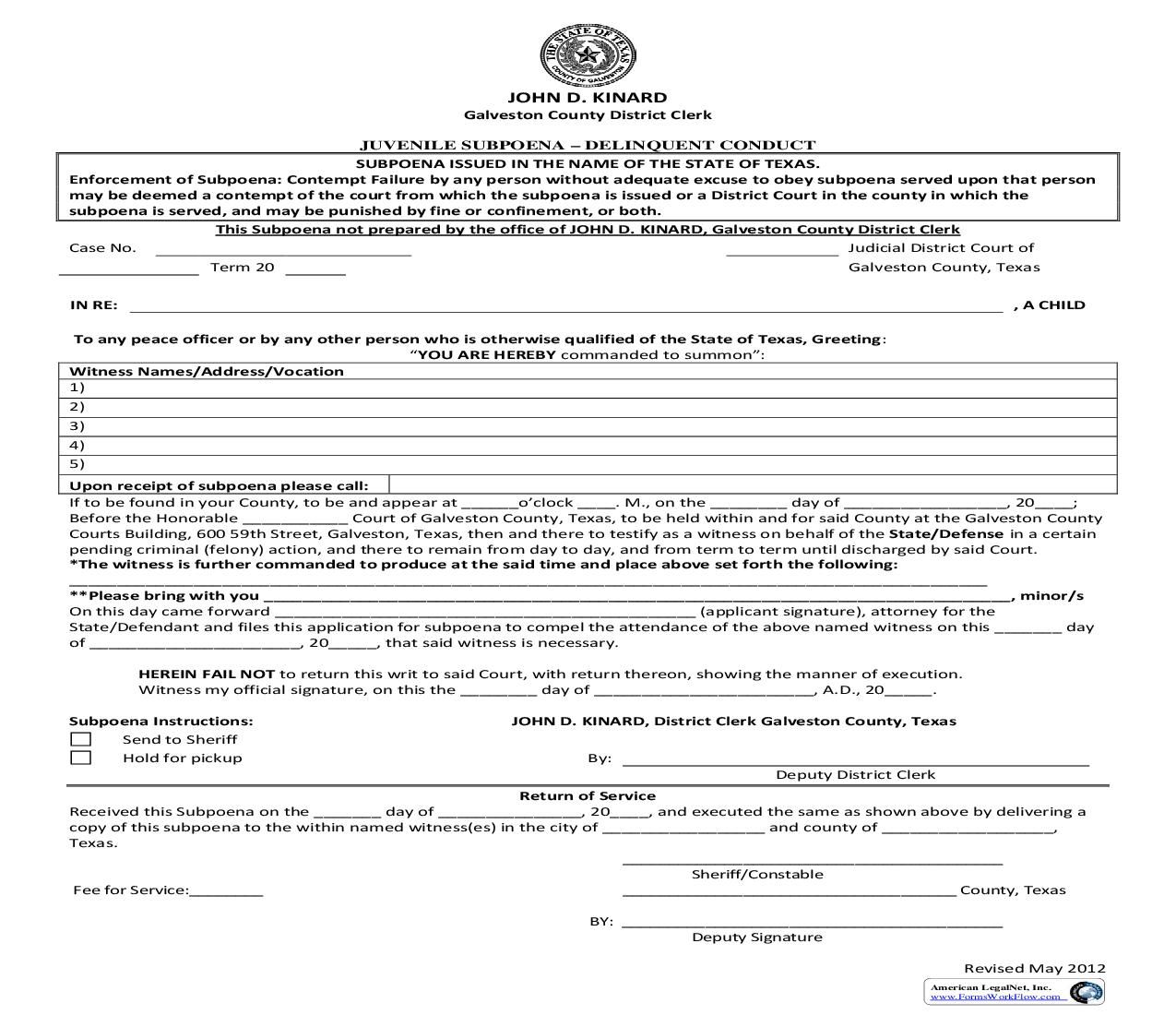 Juvenile Subpoena - Delinquent Conduct | Pdf Fpdf Doc Docx | Texas