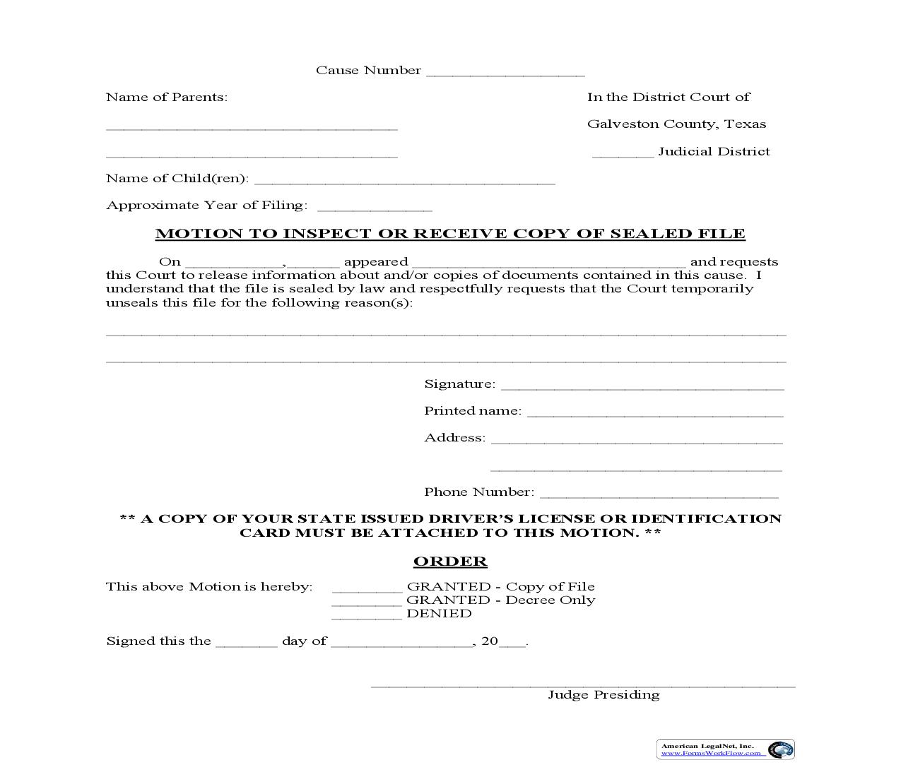 Motion To Inspect Or Receive Copy Of Sealed File | Pdf Fpdf Doc Docx | Texas