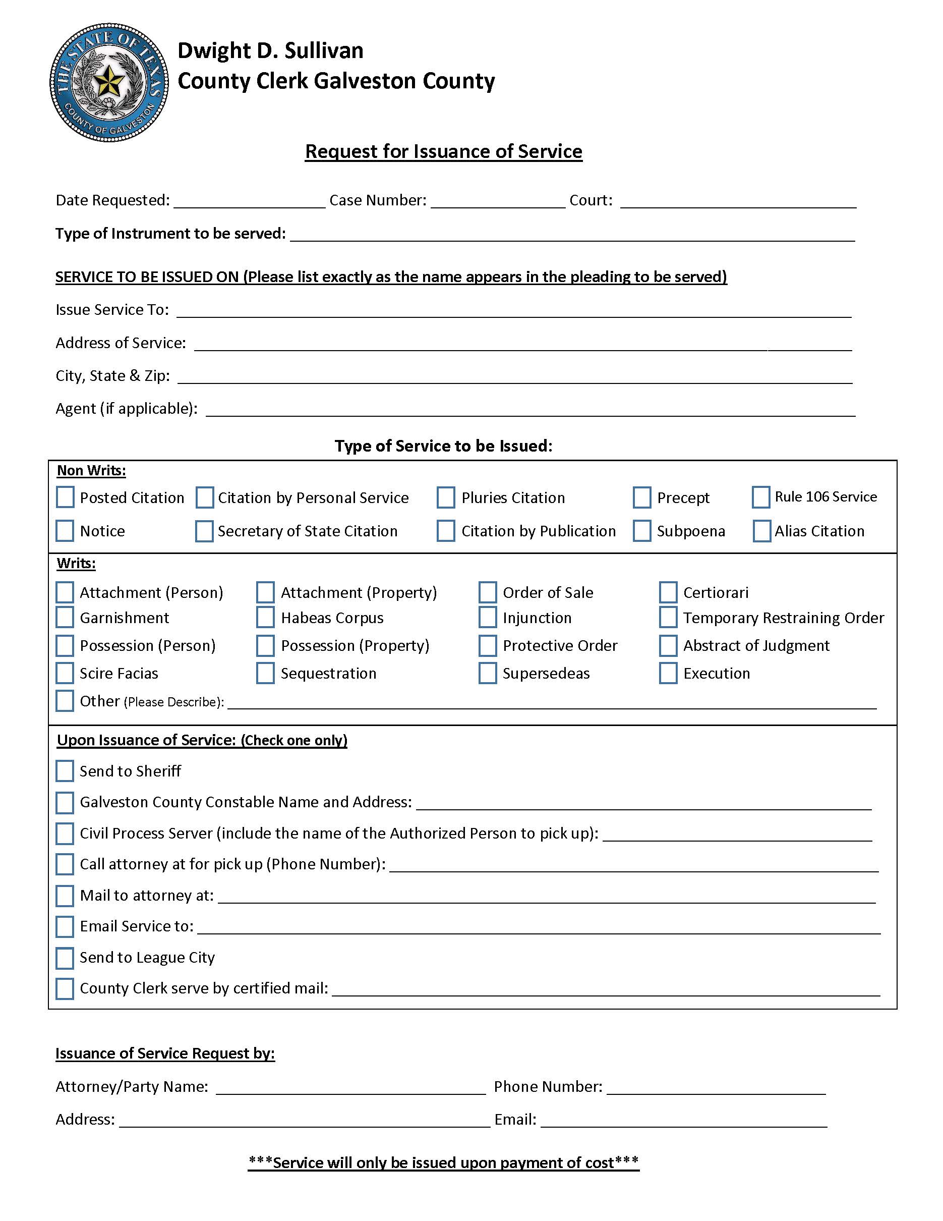 Request For Issuance Of Service | Pdf Fpdf Doc Docx | Texas