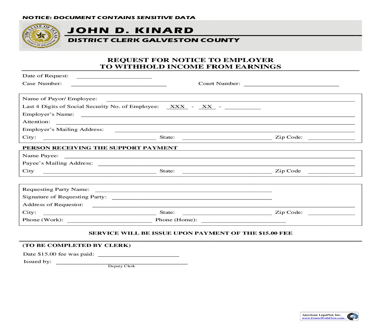 Request For Notice To Employer To Withhold Income From Earnings | Pdf Fpdf Doc Docx | Texas