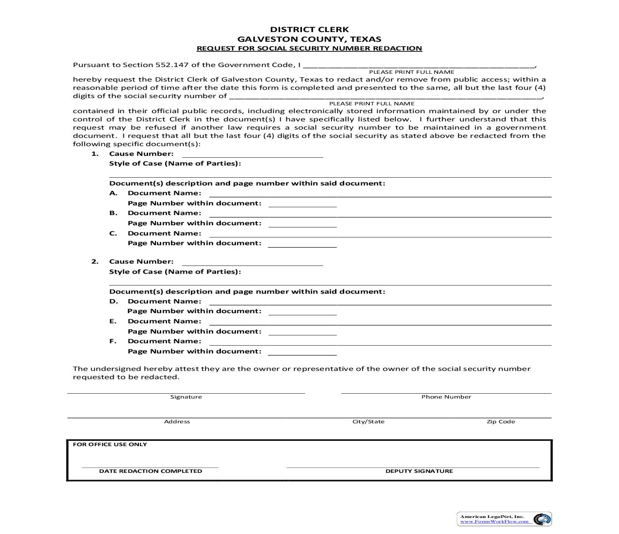 Request For Social Security Number Redaction | Pdf Fpdf Doc Docx | Texas