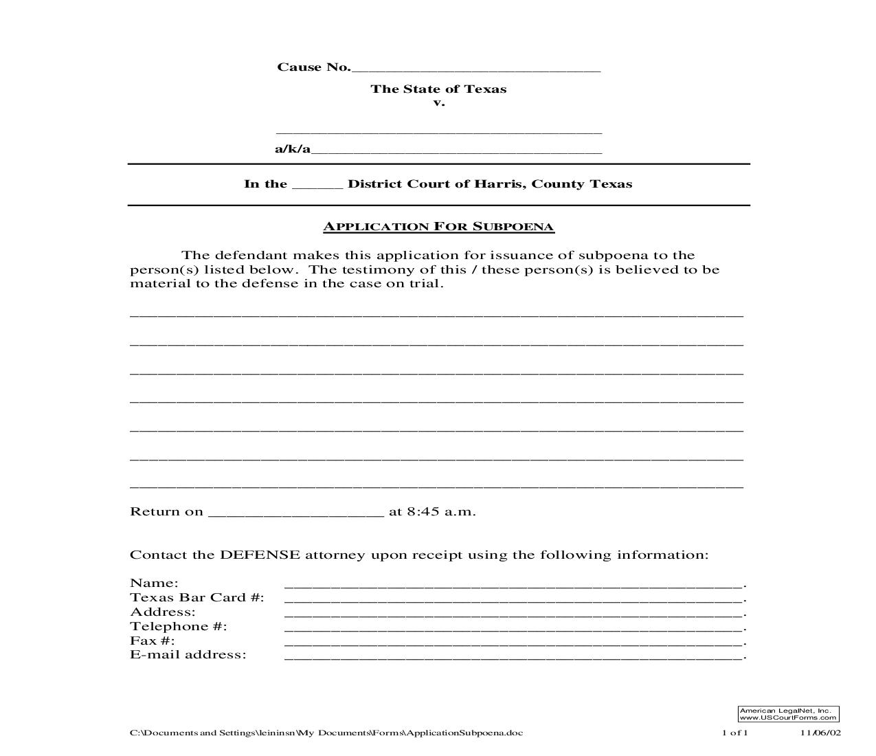 Application For Subpoena | Pdf Fpdf Doc Docx | Texas