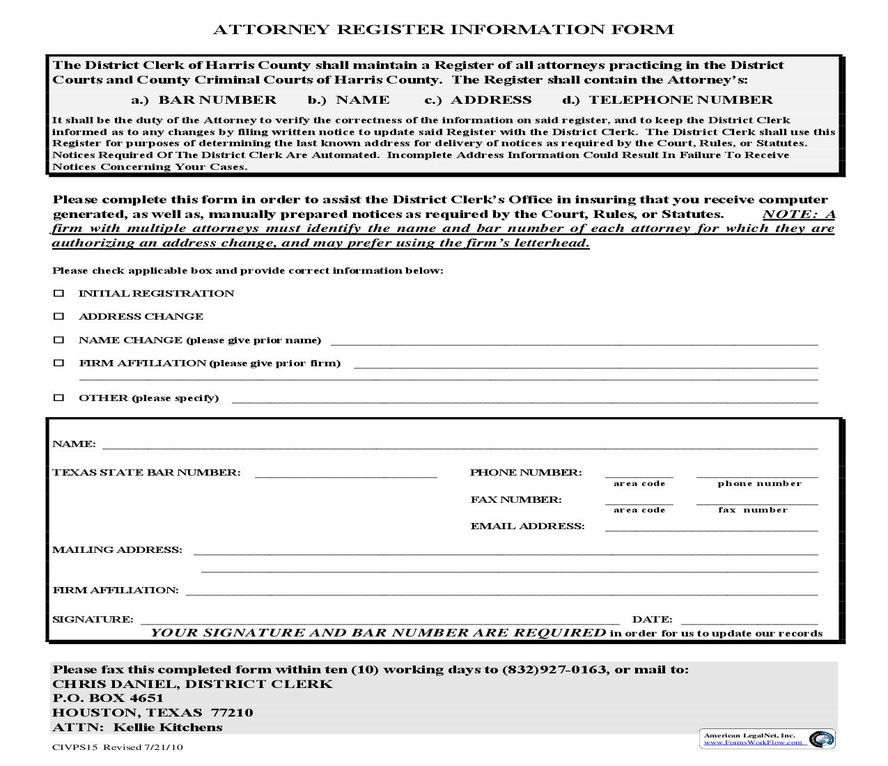 Attorney Register Information Form {CIVPS15} | Pdf Fpdf Docx | Texas