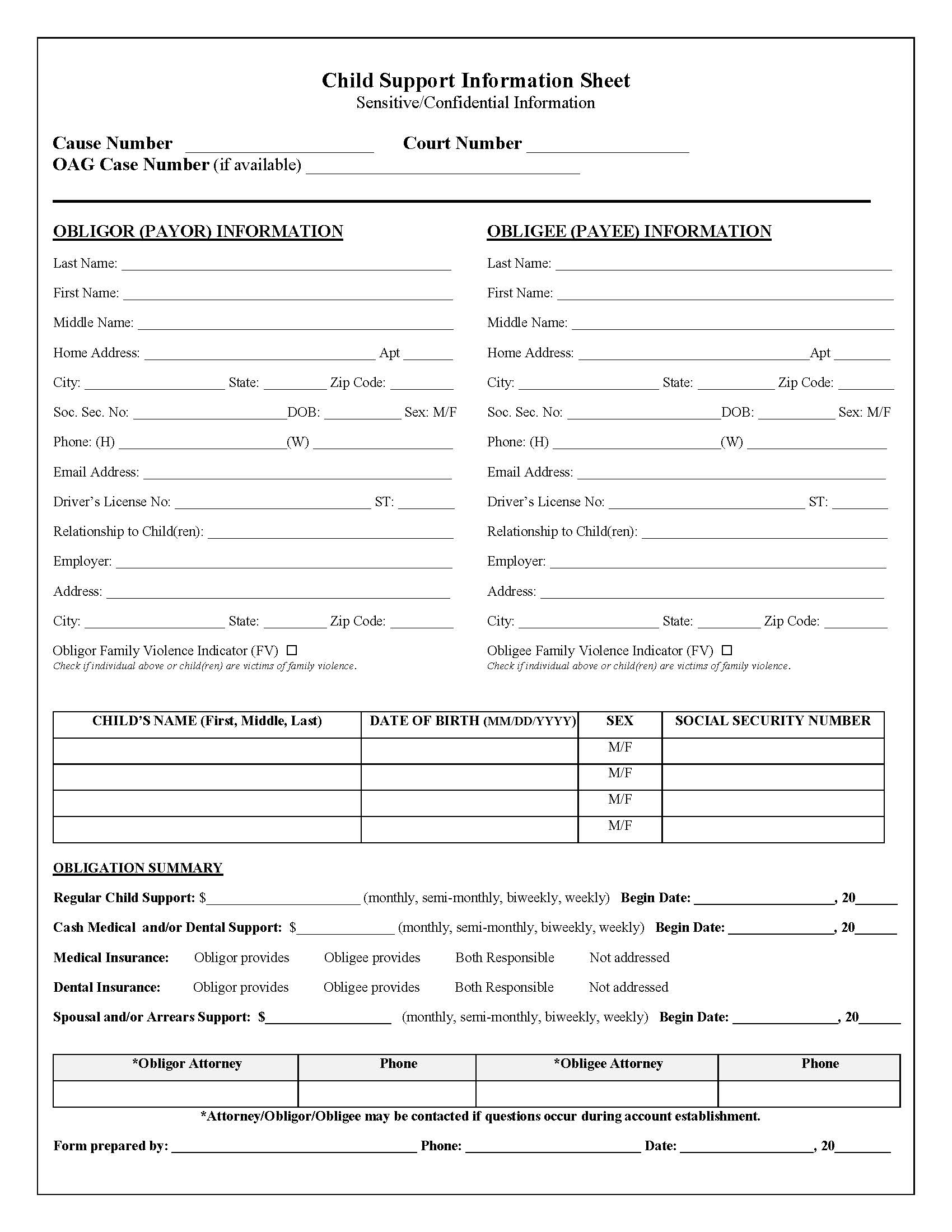 Child Support Information Sheet | Pdf Fpdf Docx | Texas