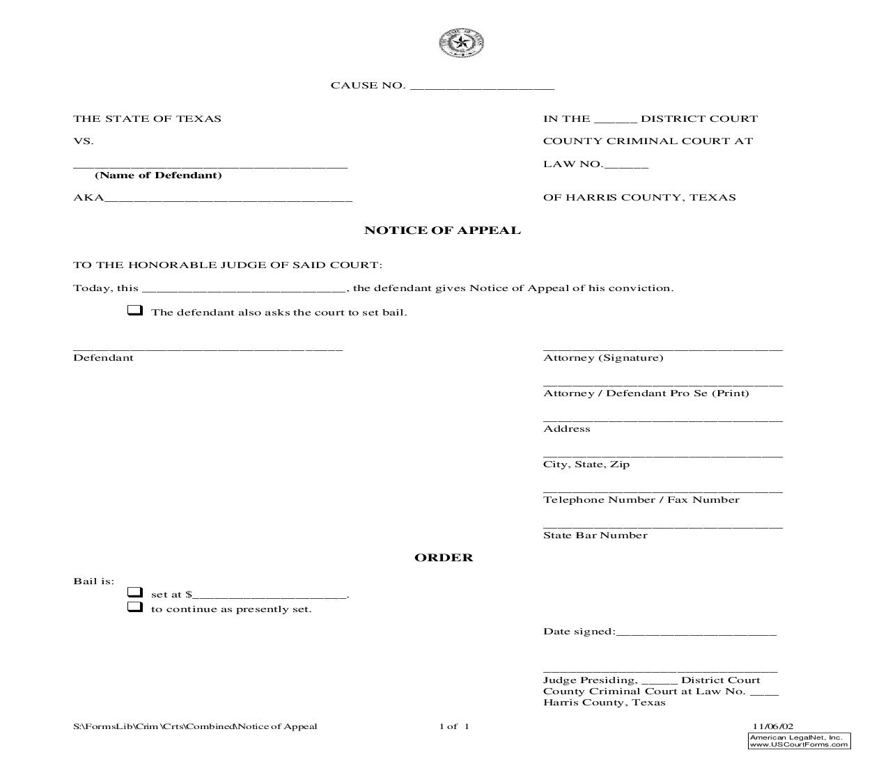 Notice of Appeal (Criminal) | Pdf Fpdf Doc Docx | Texas