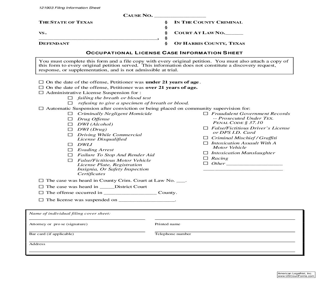 Occupational License Case Information Sheet (Criminal) | Pdf Fpdf Doc Docx | Texas