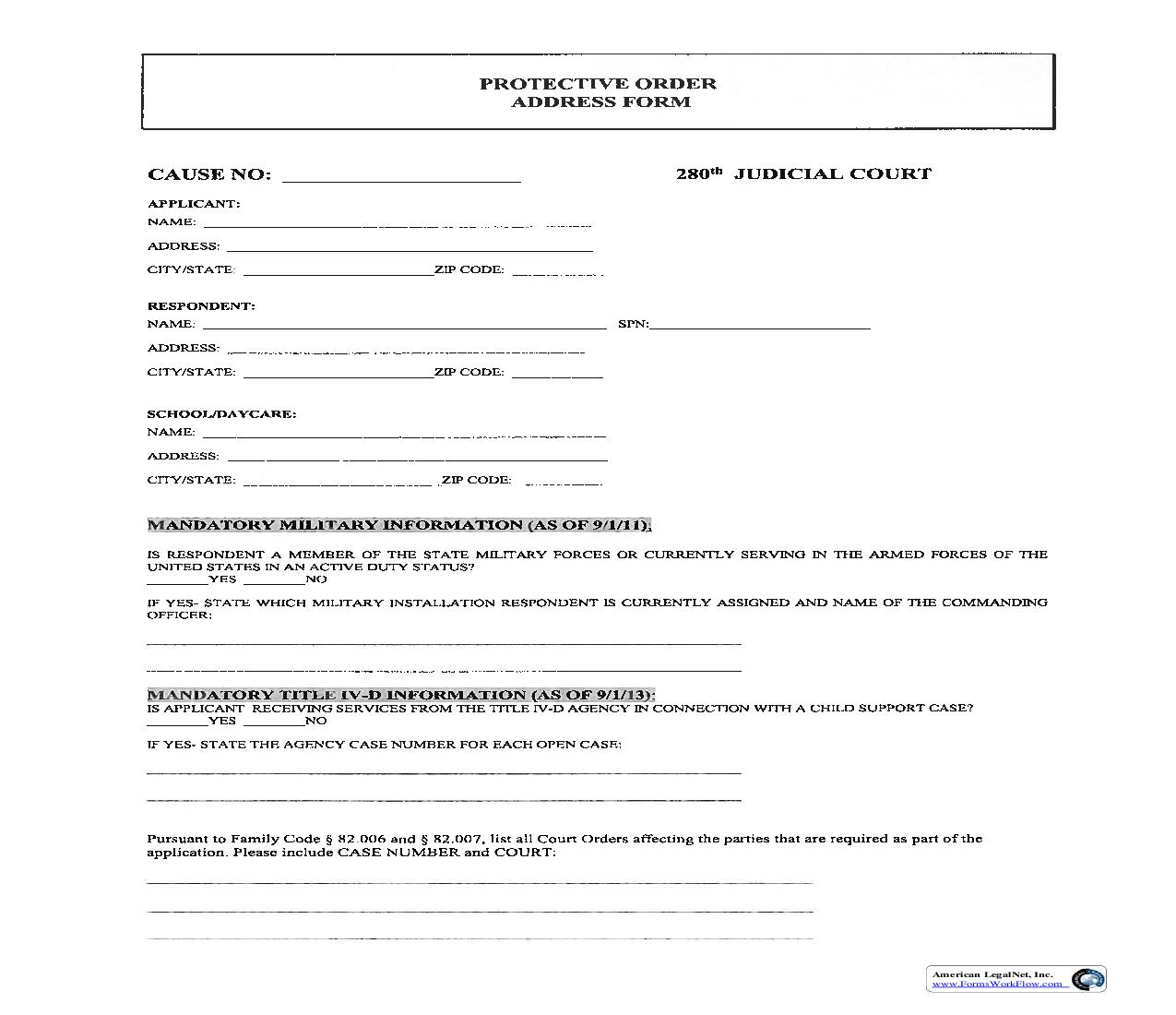 Protective Order Address Form {CIVFC03} | Pdf Fpdf Doc Docx | Texas