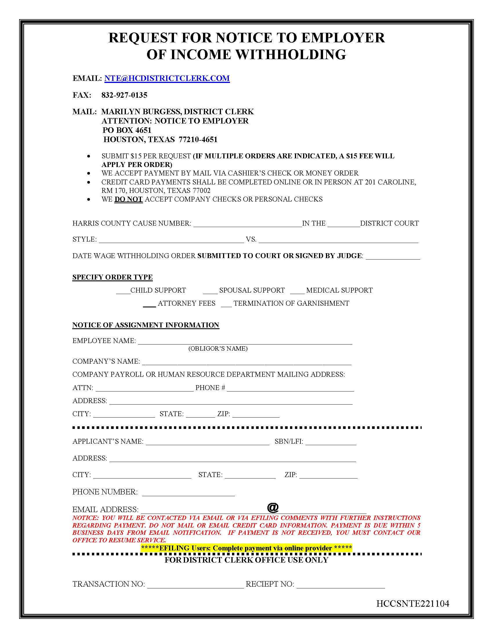 Request For Notice To Employer Of Income Withholding | Pdf Fpdf Docx | Texas