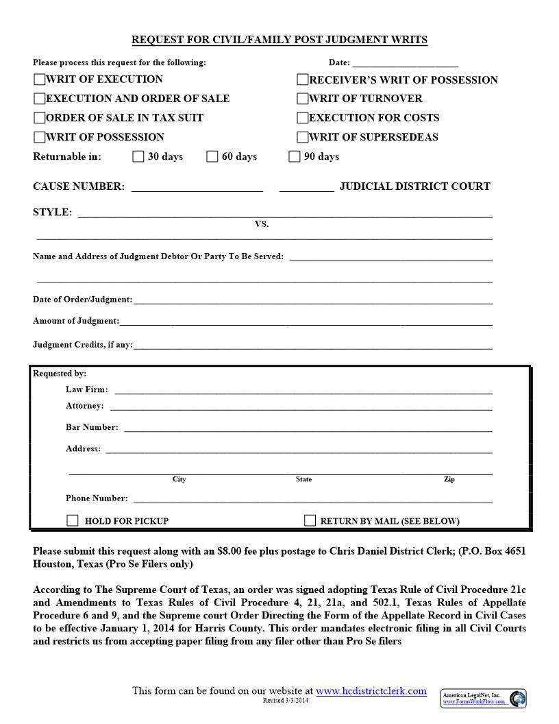 Request For Post Judgment Writs | Pdf Fpdf Doc Docx | Texas