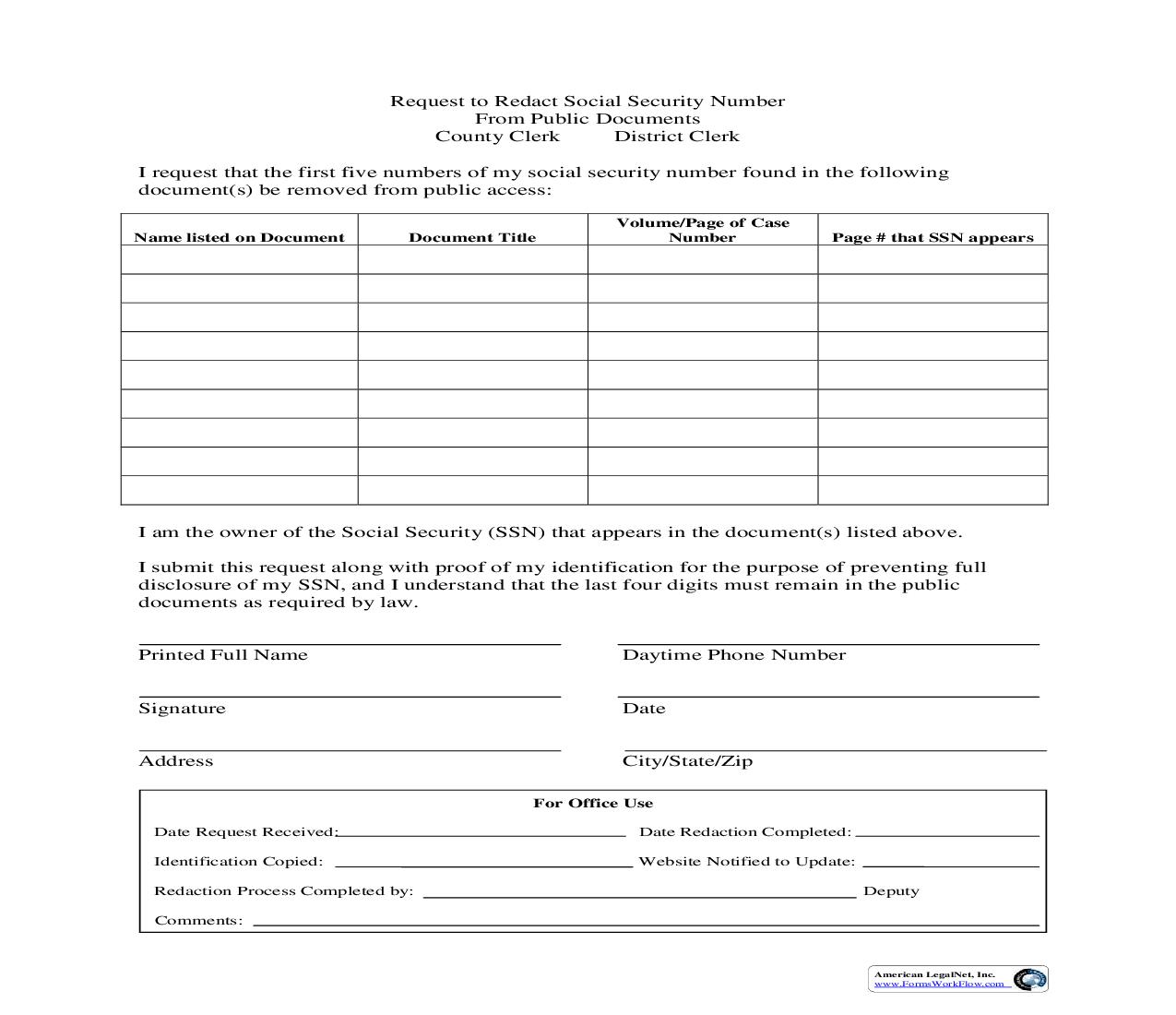 Request To Redact Social Security Number | Pdf Fpdf Doc Docx | Texas