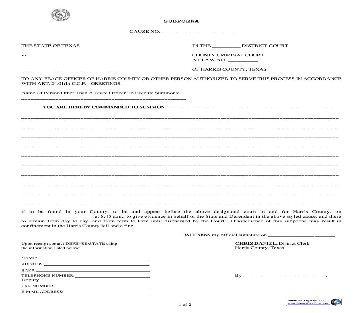 Subpoena (Criminal) | Pdf Fpdf Docx | Texas