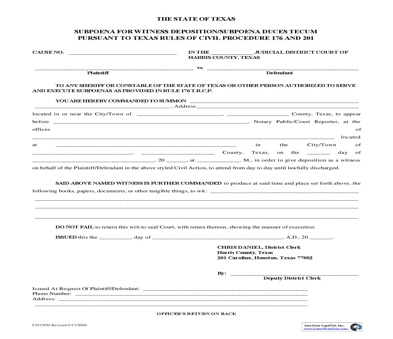Witness Deposition-Subpoena Duces Tecum {CIVCP02} | Pdf Fpdf Docx | Texas