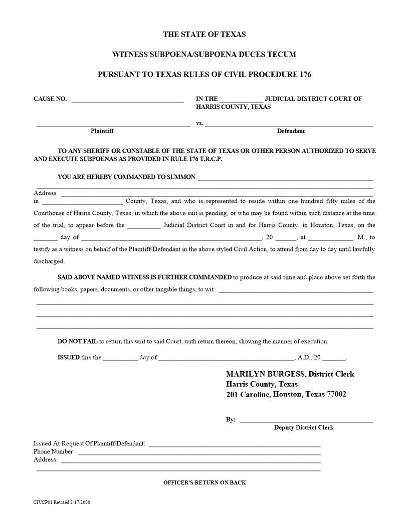 Witness Subpoena-Subpoena Duces Tecum {CIVP01} | Pdf Fpdf Doc Docx | Texas