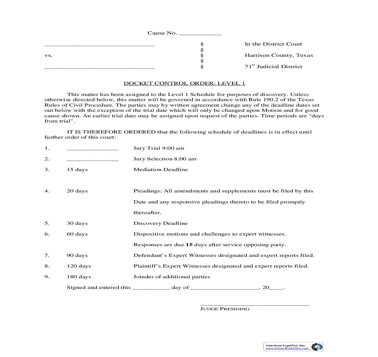 Docket Control Order Level 1 | Pdf Fpdf Doc Docx | Texas