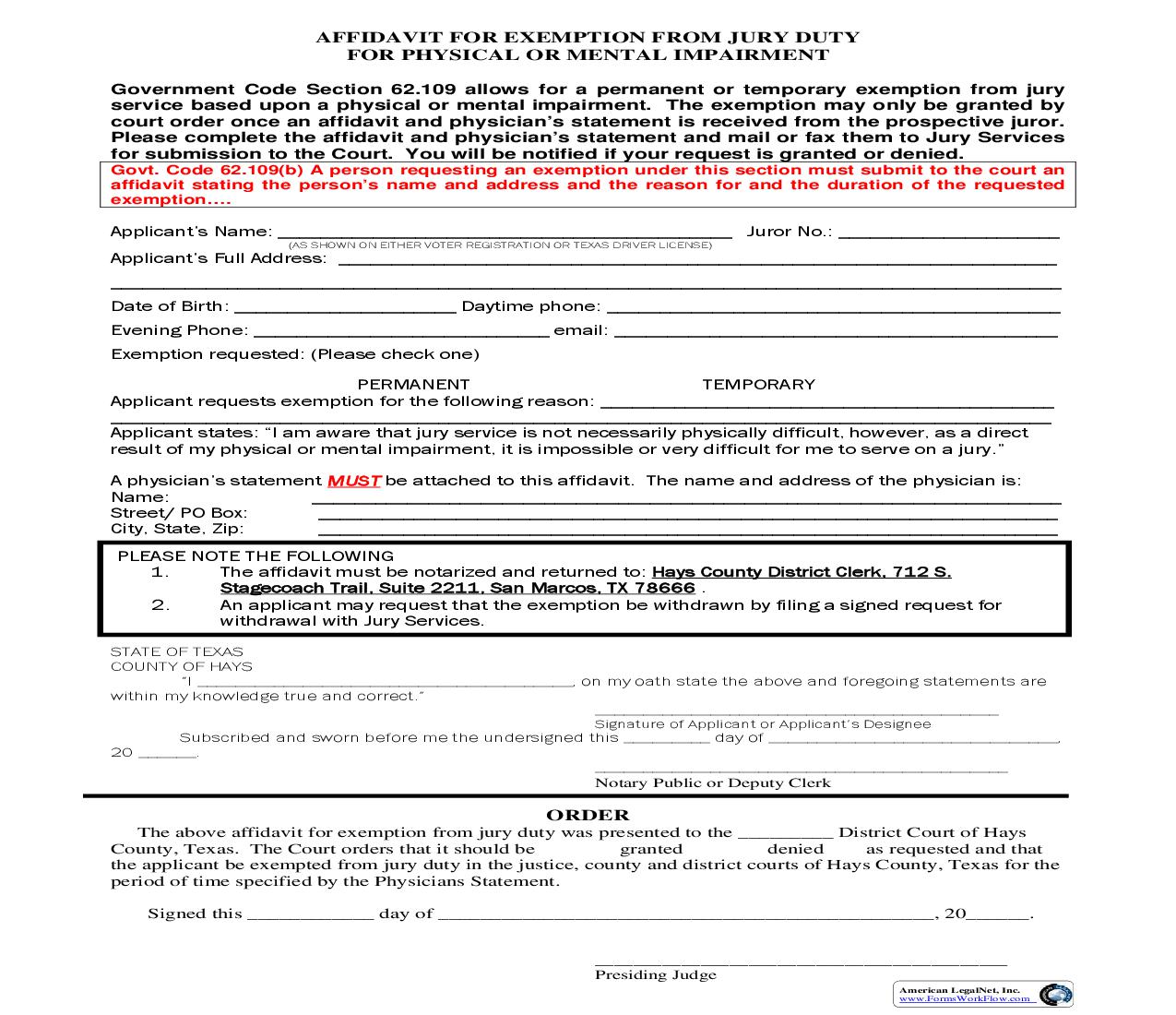 Affidavit For Exemption From Jury Duty For Physical Or Mental Impairment | Pdf Fpdf Doc Docx | Texas