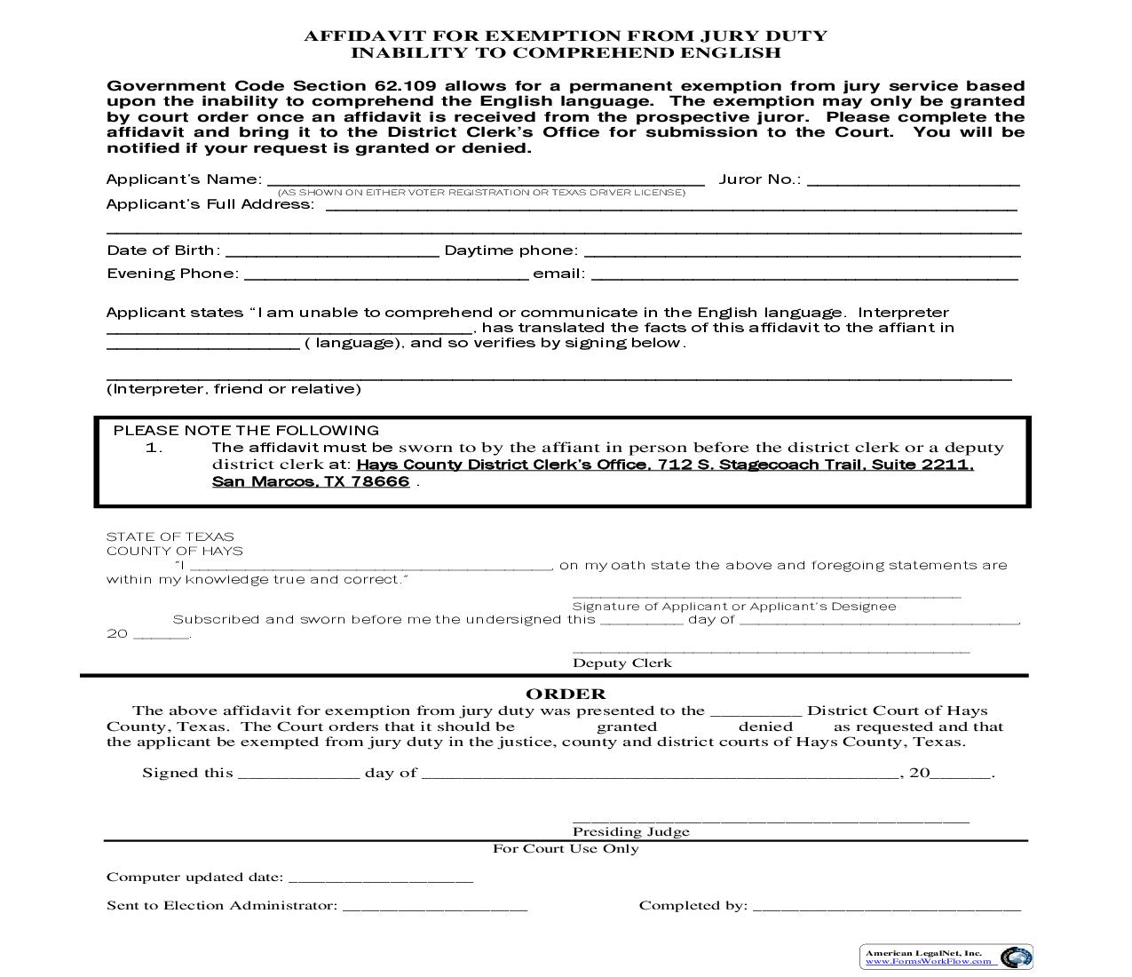 Affidavit For Exemption From Jury Duty Inability To Comprehend English | Pdf Fpdf Doc Docx | Texas