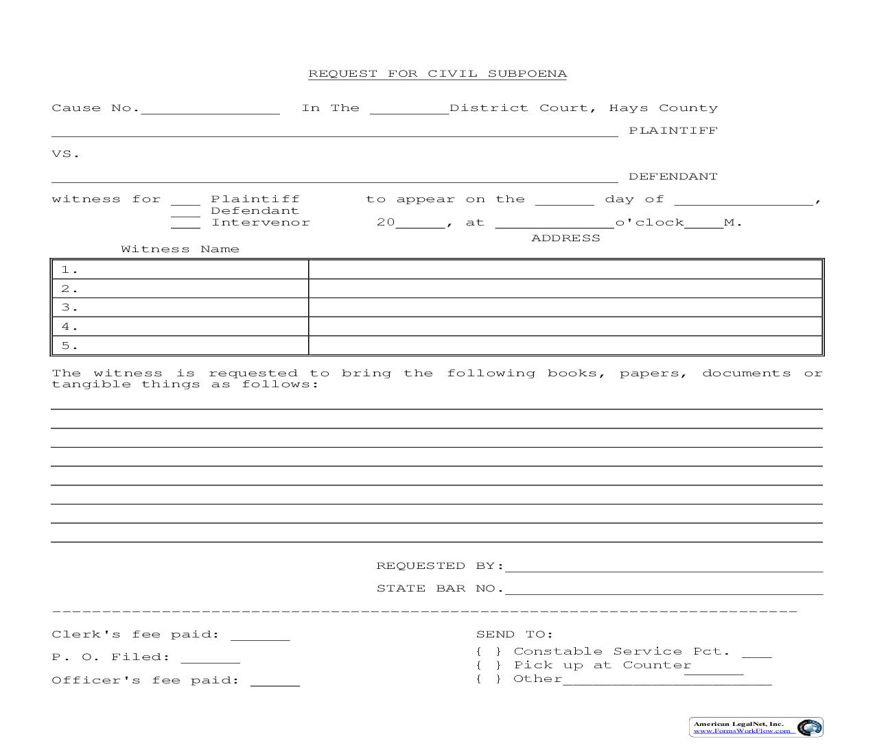 Request For Civil Subpoena | Pdf Fpdf Doc Docx | Texas
